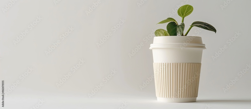 Poster white background showcases a biodegradable paper cup, exemplifying eco-friendly products for a zero 
