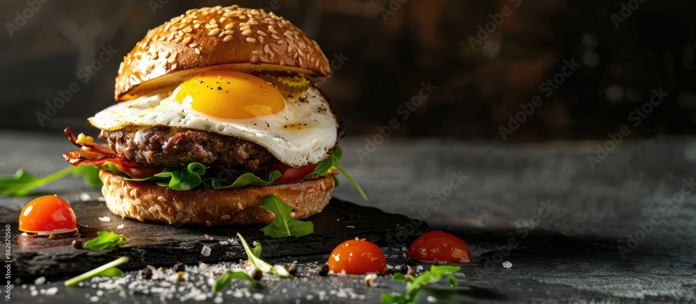 Poster Delicious burger topped with a fried egg presented on a dark backdrop, with room for adding text in the empty area of the image. Copy space image. Place for adding text and design
