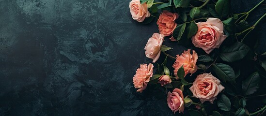 Funeral invitation card with blooming flowers set against a dark background, creating a somber yet elegant copy space image.