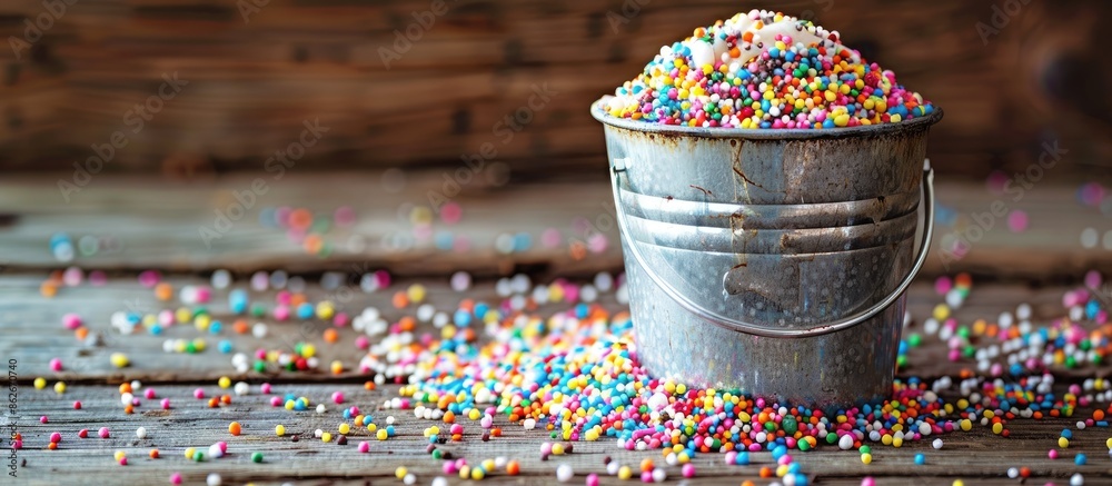 Poster sugar sprinkles for cake decoration featuring a bucket overflowing with colorful sprinkles on a rust