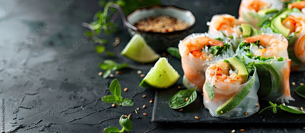 Poster delicious spring rolls featuring a combination of shrimp and avocado, with a stylish presentation sh