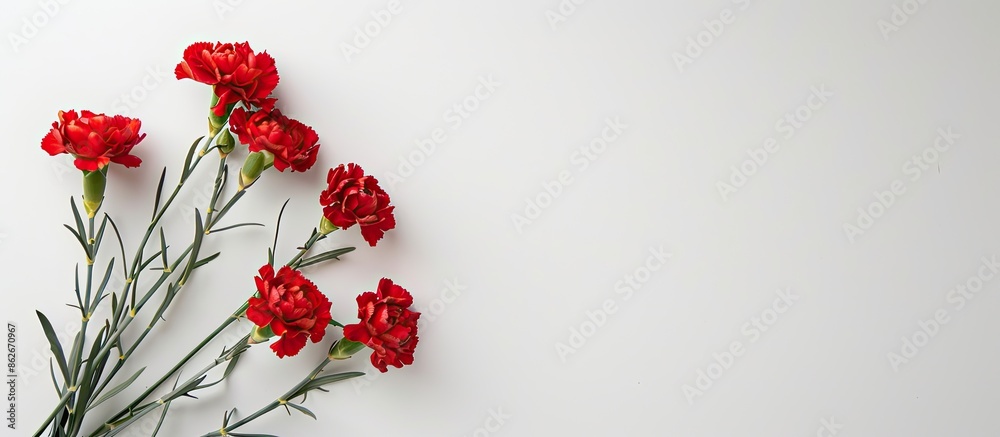 Poster red carnations bouquet on a white backdrop with copy space image.