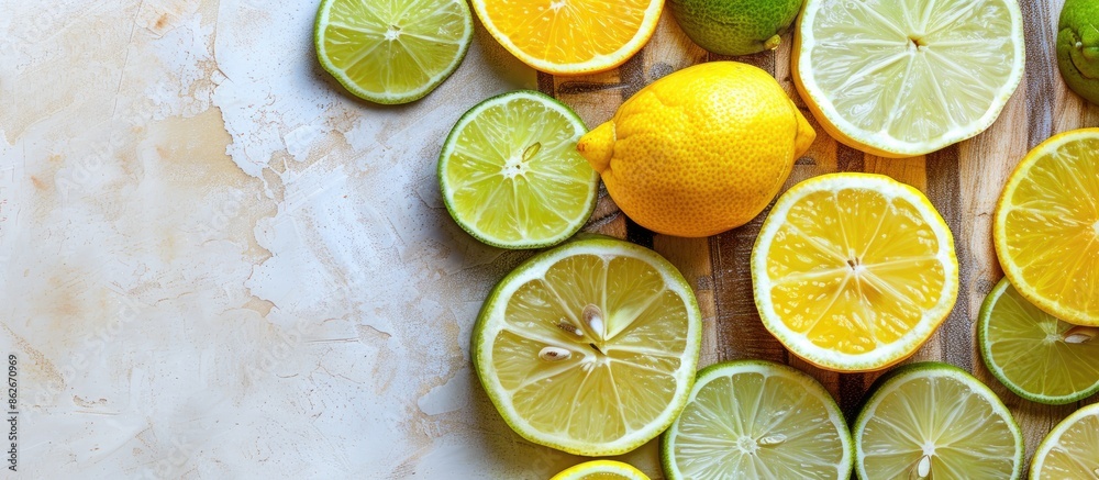 Aufkleber Fresh lemon and lime slices displayed on a light table with kitchen wooden top, creating a vibrant copy space image.