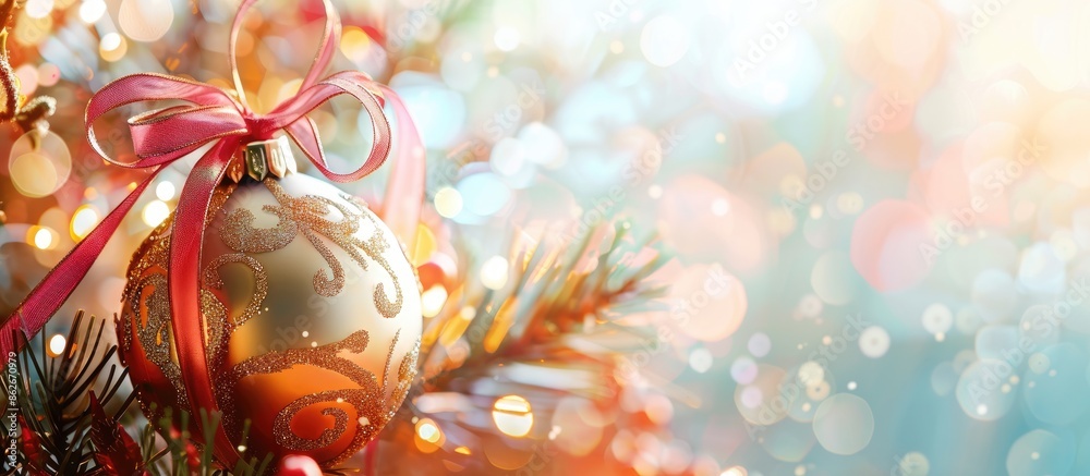 Poster christmas ornament on a colorful background, featuring a bauble adorned with a ribbon bow, against a