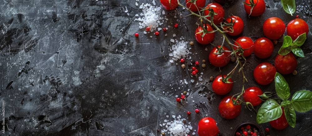 Poster cooking ingredients consisting of cherry tomatoes, salt, herbs, and spices displayed on a dark concr