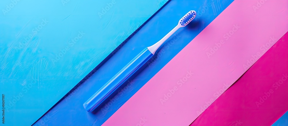 Aufkleber Electric blue toothbrush displayed against a vibrant pink and blue geometric backdrop with empty space for text, illustrating an oral hygiene idea. Copy space image. Place for adding text and design