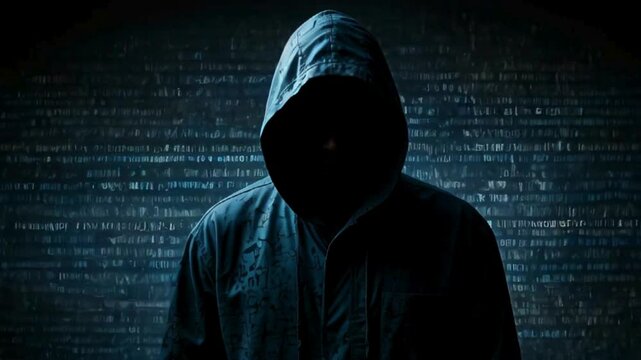 Hacker criminal in hoodie incognito anonymous unknown identity standing behind cyberspace programming hack code