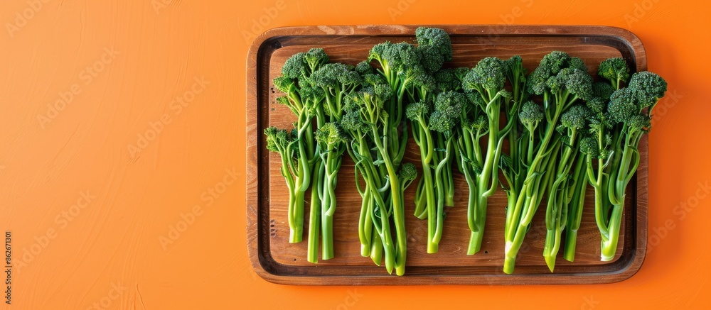 Poster baby broccolini arranged on a wooden tray with an orange backdrop in a top-down perspective, showcas