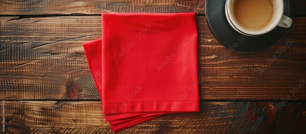 Leinwandbilder A flat lay of a red kitchen napkin on a table with empty space for customization, adopting a minimalist design. Copy space image. Place for adding text and design