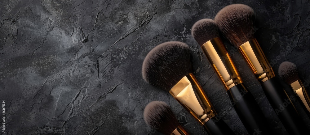 Poster Professional makeup brushes displayed against a dark backdrop with copy space image.