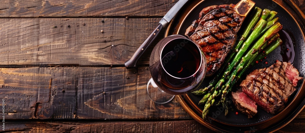Poster rib eye steak and asparagus served with wine on a wooden table with copy space image.
