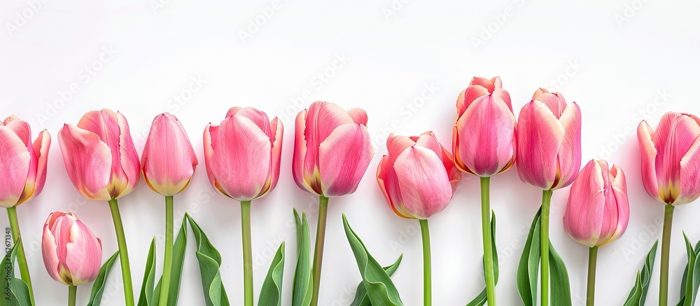 Poster pink tulips set against a white background with copy space image.