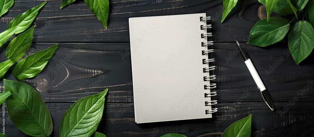 Aufkleber top view of a notebook on a black wooden surface with green leaves, creating a stylish office deskto