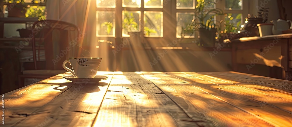 Poster Sunlight illuminates a wooden table with morning coffee, creating a cozy atmosphere. Copy space image. Place for adding text and design