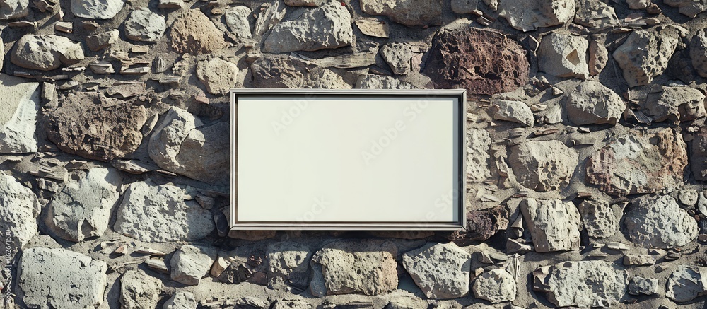 Poster Stone wall with an empty picture frame billboard can be used as a white canvas mock-up image. Copy space image. Place for adding text and design