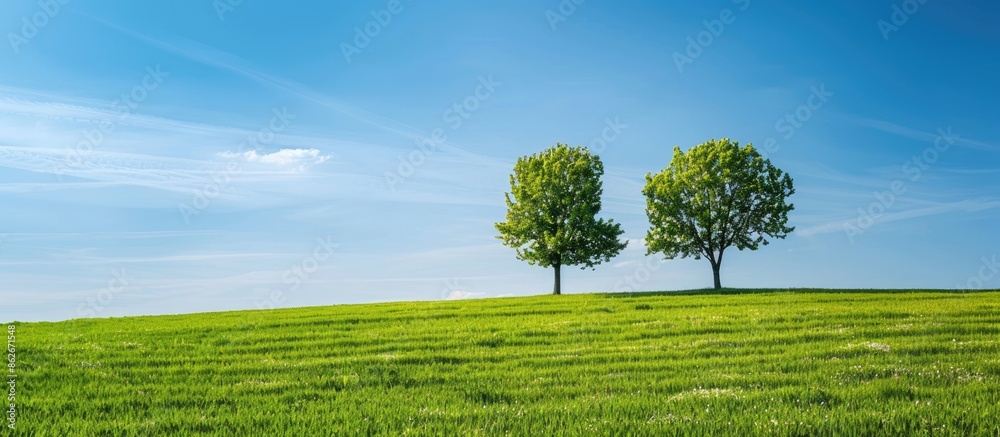 Poster scenic view of a green summer landscape with a couple of trees in a lush meadow under a clear blue s