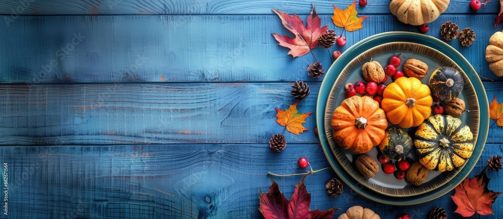 Aufkleber a plate featuring autumn decorations and pumpkins on a rustic blue wood backdrop with ample copy spa