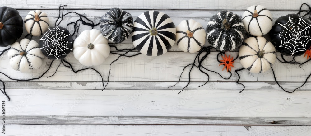 Poster a halloween-themed frame featuring black and white patterned pumpkins and spider web decorations arr