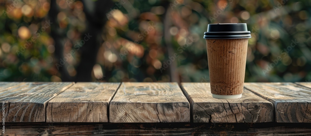 Aufkleber Takeaway coffee cup on a rustic wooden bench outside, with empty space for text or graphics in the background. Copy space image. Place for adding text and design