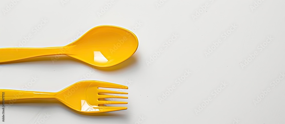 Poster yellow plastic fork and spoon on a white background with copy space image.