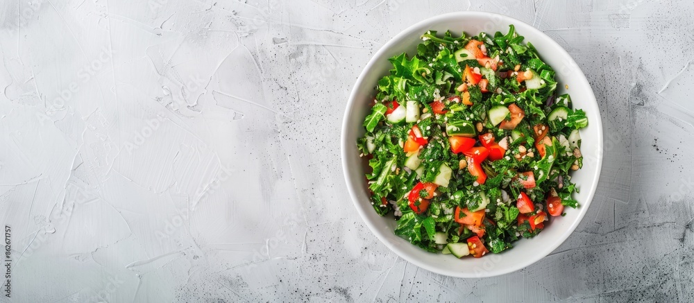 Poster top view of a tabbouleh salad dish on a light gray concrete surface with copy space image, showcasin