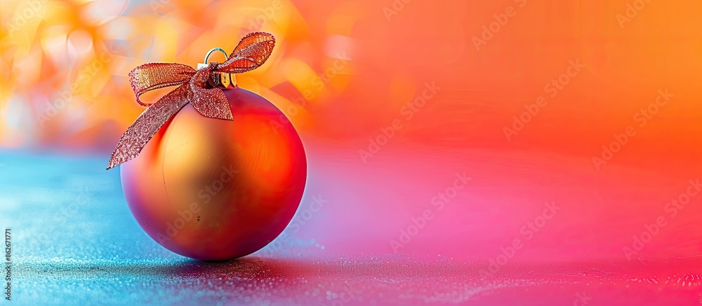 Poster christmas ornament on a colorful background, featuring a bauble adorned with a ribbon bow, against a