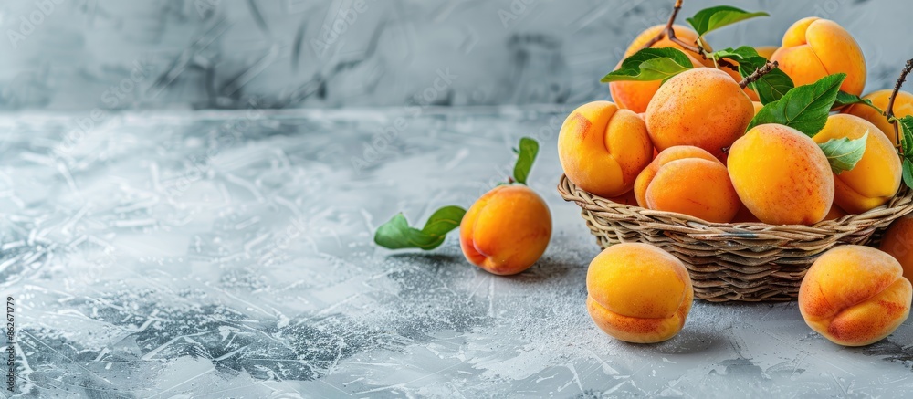 Poster Ripe apricot fruits with a leaf in a wooden basket on a white rustic table create a healthy fruit background with copy space image.