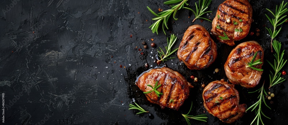 Aufkleber top view of bbq grilled pork medallions and tenderloin fillet on a black background with ample copy 
