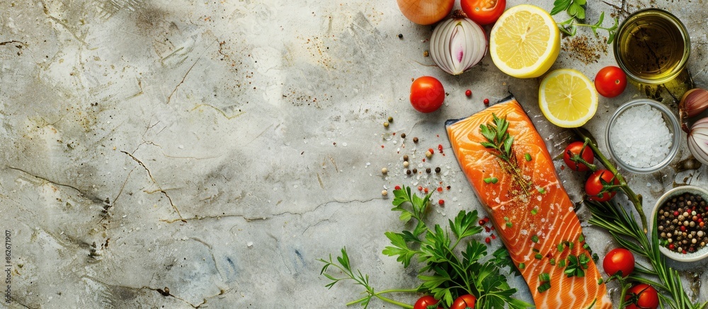 Aufkleber a display of fresh red salmon fillet garnished with tomatoes, spices, onion, lemon, and olive oil on