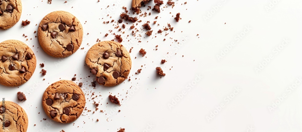 Aufkleber Cookies leaving a trail of crumbs on a blank background with empty space for text or graphics - a perfect copy space image.