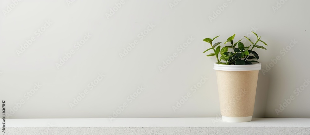 Poster white background showcases a biodegradable paper cup, exemplifying eco-friendly products for a zero 