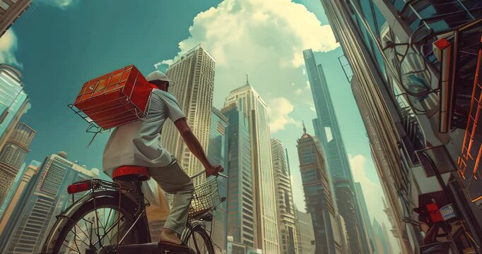 Mumbai. Skyscrapers tower over a dabbawala delivering meals in the financial area by bike