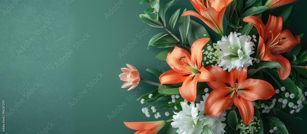 Poster top-down view of a floral arrangement featuring lilies in a serene composition with a postcard mocku