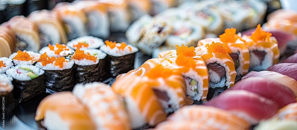 Aufkleber Selective focus on a platter adorned with an array of sophisticated sushi varieties creating an appealing copy space image.