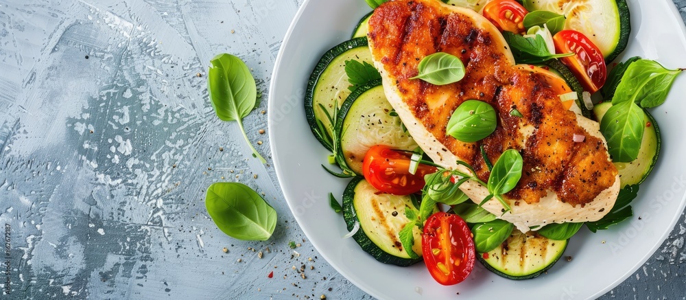 Poster healthy food option comprising a chicken cutlet served alongside a zucchini and tomato salad, viewed