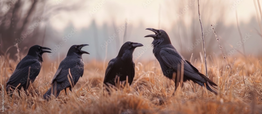 Poster A quartet of crows rendezvousing in the field, with ample empty space for additional content in the image.