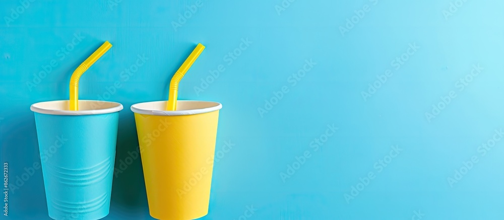 Poster top view of blue and yellow paper cups with a straw set on a blue background, with a clear area for 