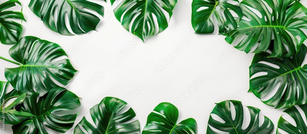 Poster top-view tropical green monstera leaves and branches forming a pattern against a white background, i