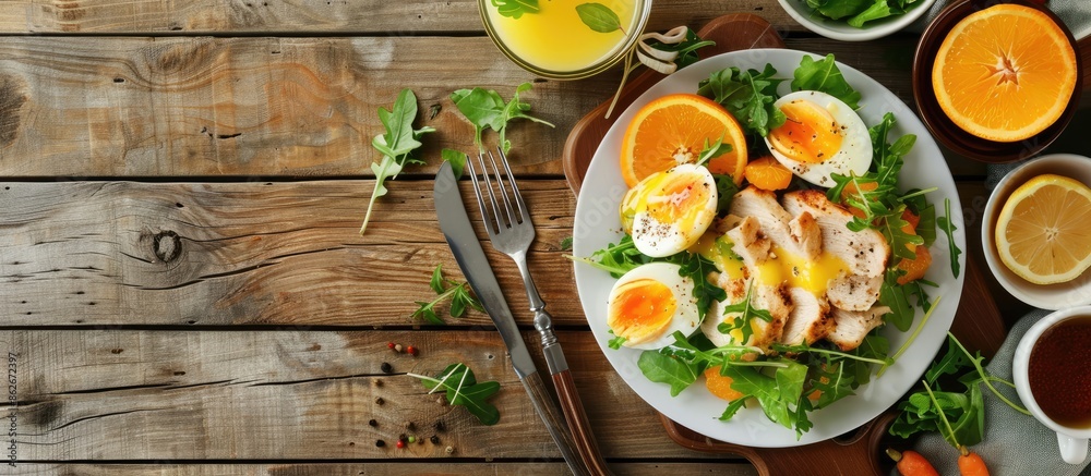 Poster on a wooden table, view from above, a nutritious diet menu including chicken salad, egg pancakes, or