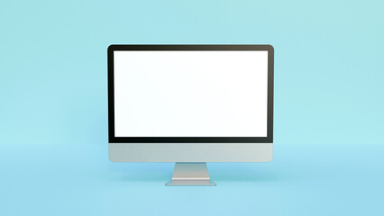 Modern computer monitor display with blank screen  on blue background. Front view. Blank screen mock up on blue background.
