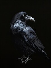 Fototapeta premium A black crow on a blurred black background, in a concept representing the energy of mystery and the determination of new beginnings.