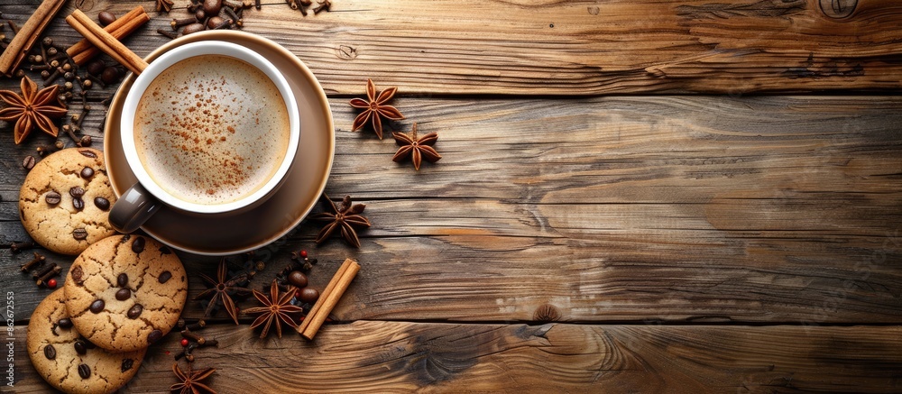 Poster top view of a cup of coffee and cookies on a wooden background with spices and decor, in retro style