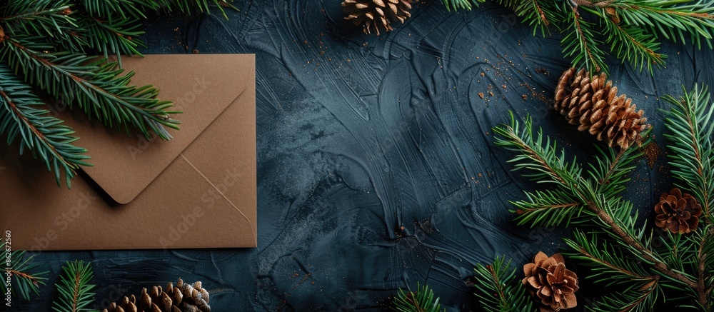 Poster Top view photograph of a Christmas-themed border against a dark backdrop featuring fresh fir branches and a kraft paper envelope. Season's Greetings with space for text or graphics. Copy space image