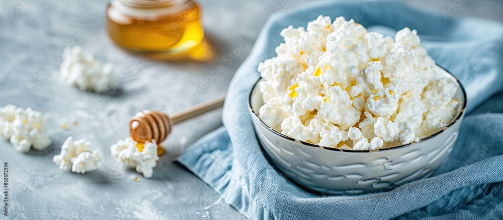 Poster glassware with soft cottage cheese and honey on a blue napkin, a delightful dairy product perfect fo