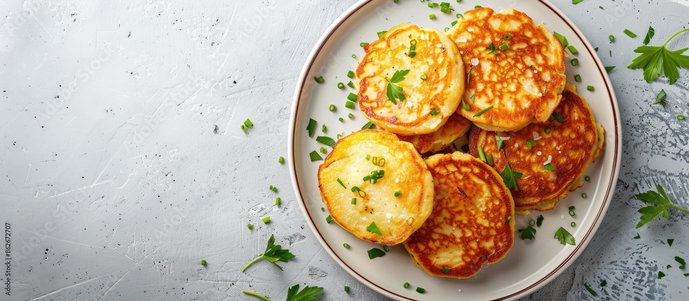 Poster Overhead view of potato pancakes and hash browns on a plate with copy space image.