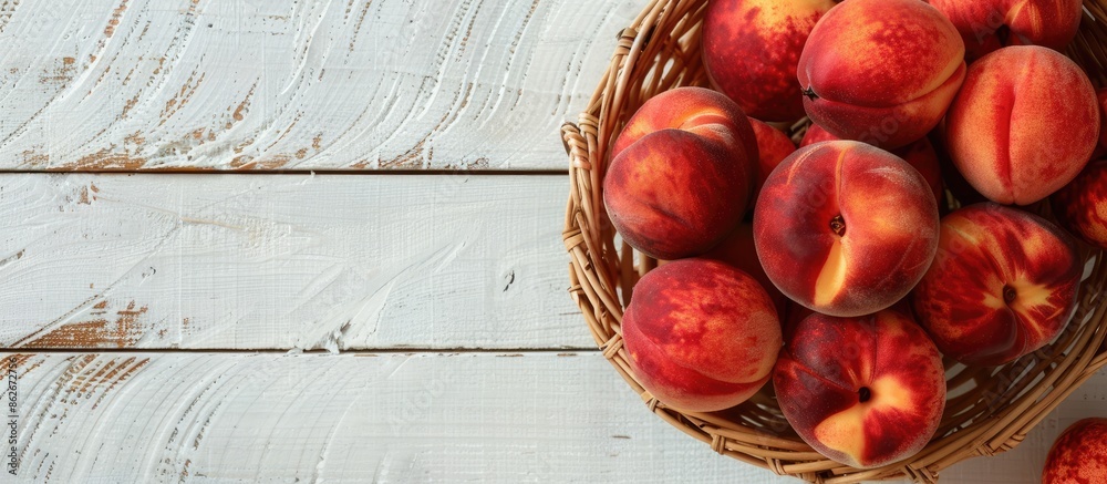 Poster top view of a basket of fresh organic peaches on a white wooden table, emphasizing clean eating. ide