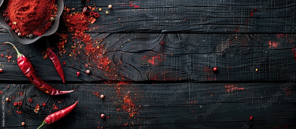 Poster chili fruits and red pepper powder displayed on a weathered black wooden surface with a clear area f