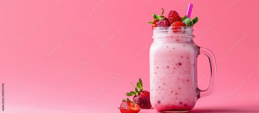 Poster Close-up of a refreshing strawberry milkshake with berries in a mason jar on a pink background, ideal for summer and featuring ample copy space image.