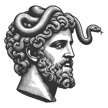 recommend clip art: classical statue with a snake coiled on its head, ancient art and symbolism sketch engraving generative ai fictional character vector illustration. Scratch board imitation. Black and white image.