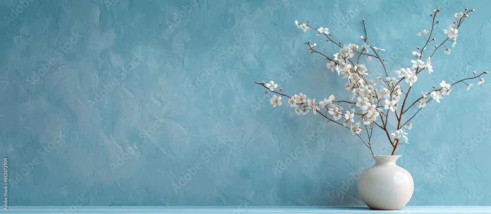 Poster Pretty flowers set against a backdrop of blue paper with ample copy space image.